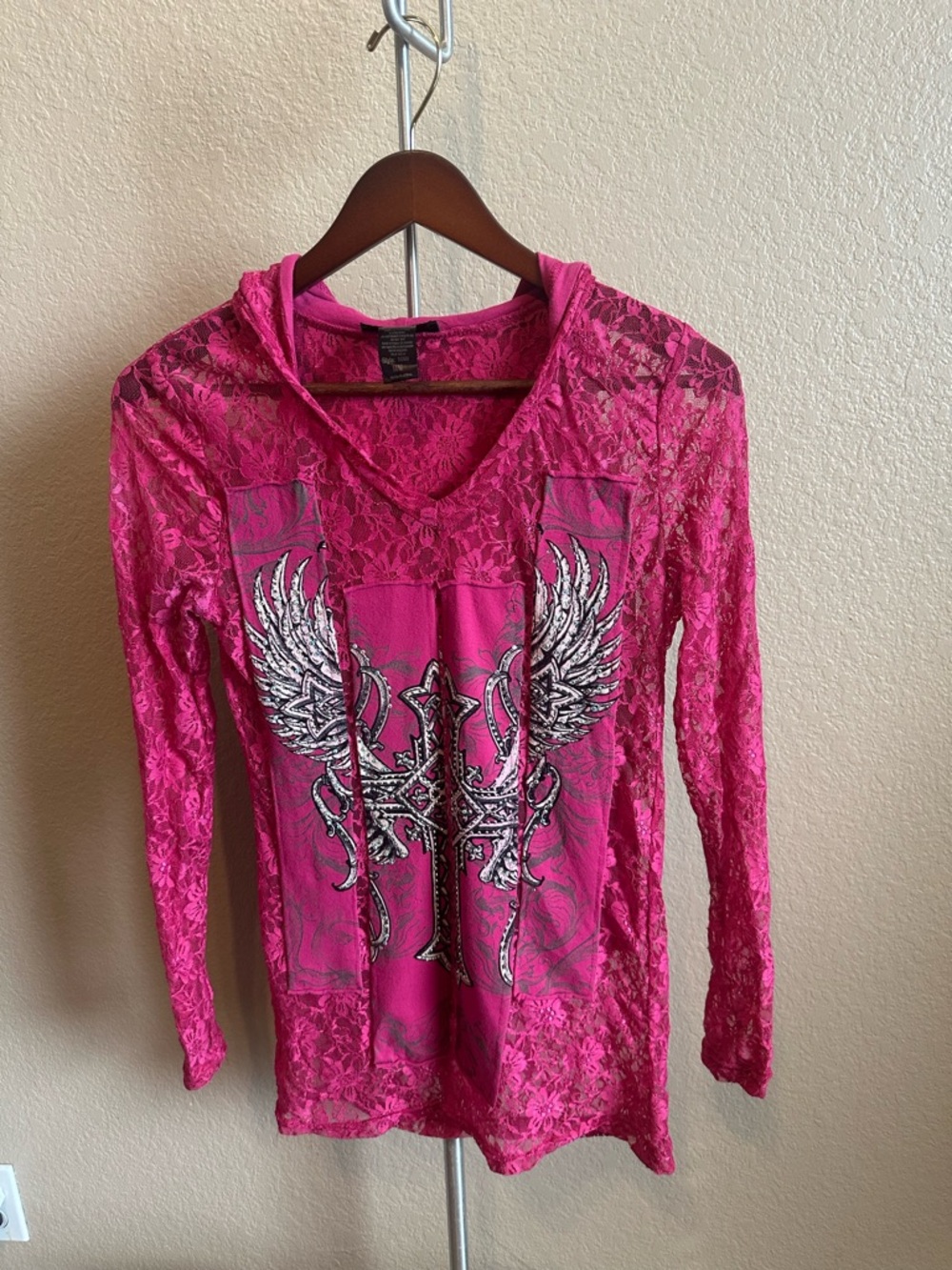 Lace Hooded Graphic Pullover in Hot Pink - Winged Cross Design